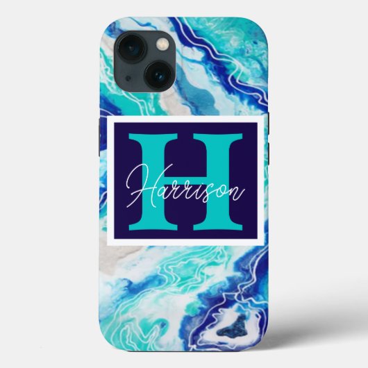 Turquoise en Blue Marble Monogram Name Beachy Case-Mate iPhone Case (Achterkant)