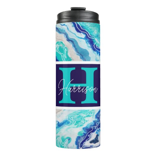 Turquoise en Blue Marble Monogram Name Beachy Thermosbeker (Voorkant)