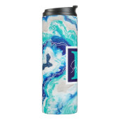Turquoise en Blue Marble Monogram Name Beachy Thermosbeker (Gedraaid links)