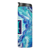 Turquoise en Blue Marble Monogram Name Beachy Thermosbeker (Geroteerd rechts)