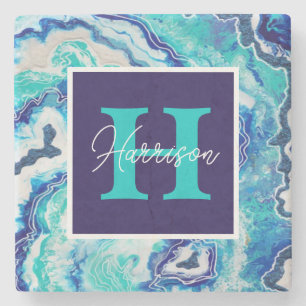 Turquoise en Blue Marble Monogram Name Trendy Stenen Onderzetter