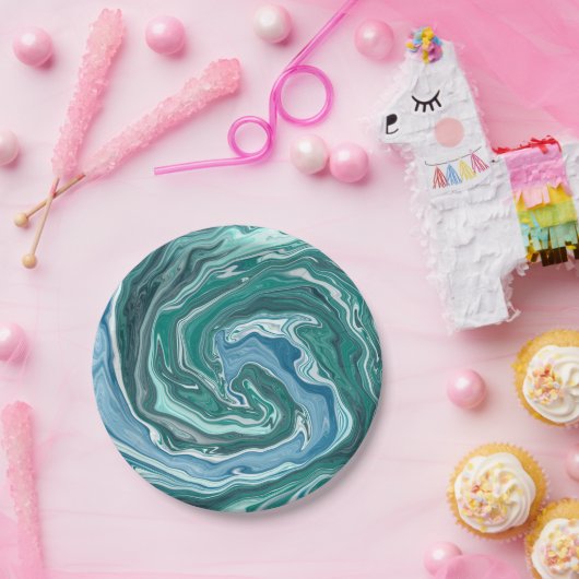 Turquoise en Blue Ocean Wave Swirls Papieren Bordje (Feest)