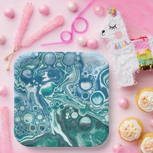 Turquoise en Blue Ocean Waves en Bubbles Papieren Bordje (Feest)