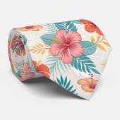 Turquoise en blush roze Hibiscus Hawaïaans Stropdas (Opgerold)