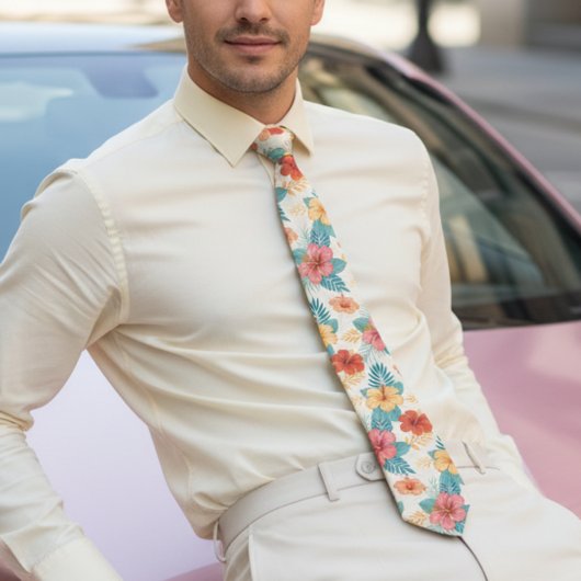 Turquoise en blush roze Hibiscus Hawaïaans Stropdas