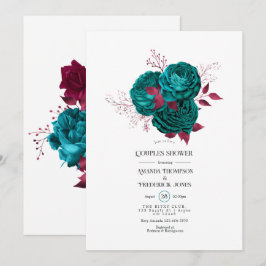 Turquoise en bordeaux bloemenkleuren bruidsdouche kaart