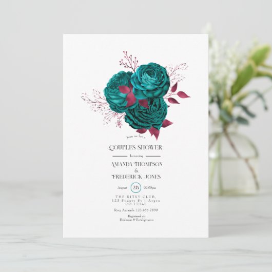 Turquoise en bordeaux bloemenkleuren bruidspaar sh kaart (Staand voorkant)