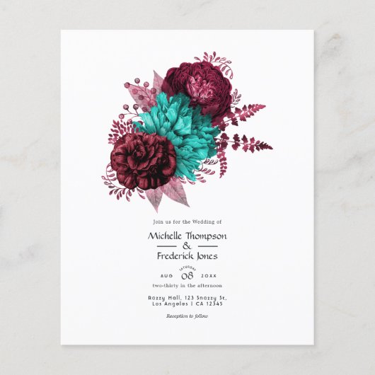 Turquoise en bordeauxrode bloemen bruiloftsinvatie flyer (Voorkant)