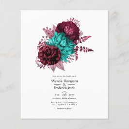 Turquoise en bordeauxrode bloemen bruiloftsinvatie flyer