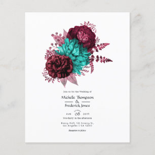 Turquoise en bordeauxrode bloemen bruiloftsinvatie flyer