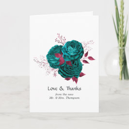 Turquoise en bordeauxrode bloemenhuwelijk bedankkaart