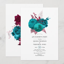 Turquoise en bordeauxrode bloemens engagementfeest kaart