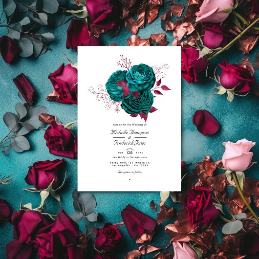Turquoise en Bourgogne Floral QR Code Wedding Kaart