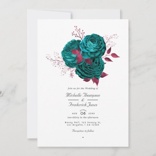 Turquoise en Bourgogne Floral QR Code Wedding Kaart (Voorkant)
