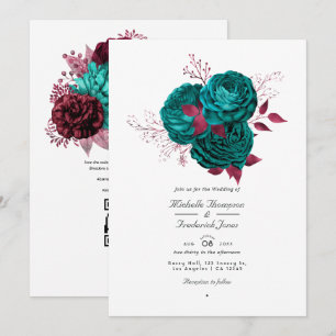 Turquoise en Bourgondië Bloemencode QR Huwelijk Kaart