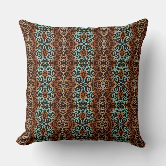Turquoise en Brown Animal Print Damask Modern Kussen (Voorkant)