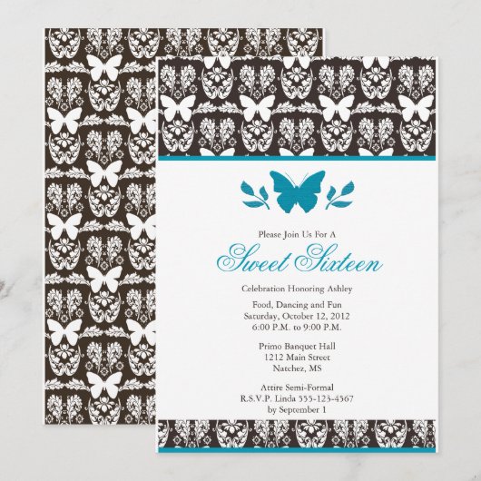 Turquoise en Brown Butterfly Sweet 16 Invitations Kaart (Voorkant / Achterkant)