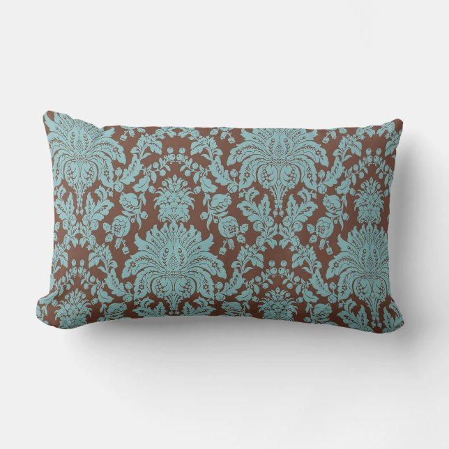 Turquoise en Brown Damask Kussen (Voorkant)