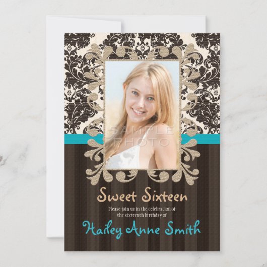 Turquoise en Brown  Damask Sweet Sixteen Kaart (Voorkant)