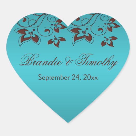 Turquoise en Bruin Bloemen Hart Gevormde Sticker (Voorkant)