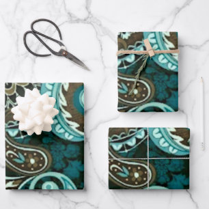 Turquoise en bruine Vintage Paisley Inpakpapier Vel