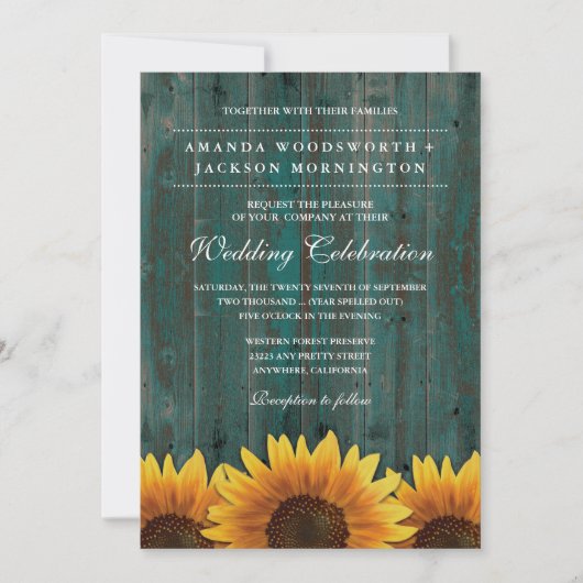 Turquoise en Bruine Zonnebloem Bruiloft Uitnodigin Kaart (Voorkant)
