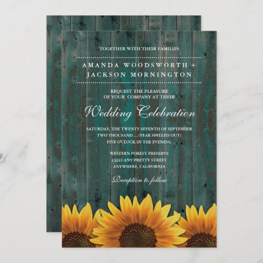 Turquoise en Bruine Zonnebloem Bruiloft Uitnodigin Kaart (Voorkant / Achterkant)