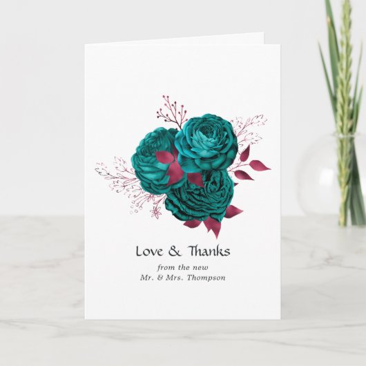 Turquoise en Burgundy Floral Wedding Bedankkaart (Voorkant)