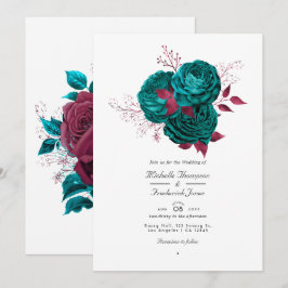 Turquoise en Burgundy Floral Wedding Invitation Kaart