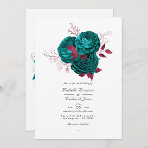 Turquoise en Burgundy Floral Wedding Invitation Kaart