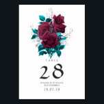 Turquoise en Burgundy Floral Wedding Kaart<br><div class="desc">Trendy turquoise-blauwgroen en bordeaux bloemenbruiloft tafel nummer kaart. Ideaal voor elk thema of tuin bruiloft.</div>