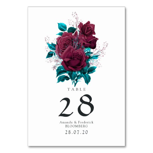 Turquoise en Burgundy Floral Wedding Kaart (Voorkant)