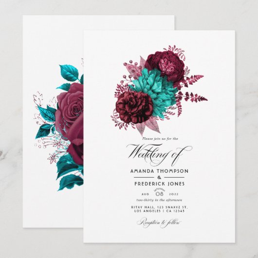 Turquoise en Burgundy Floral Wedding Kaart (Voorkant / Achterkant)