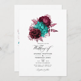 Turquoise en Burgundy Floral Wedding Kaart