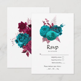Turquoise en Burgundy Floral Wedding RSVP Kaartje
