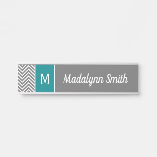 Turquoise en Charcoal Chevrons Custom Monogram Deurbordje (Voorkant)