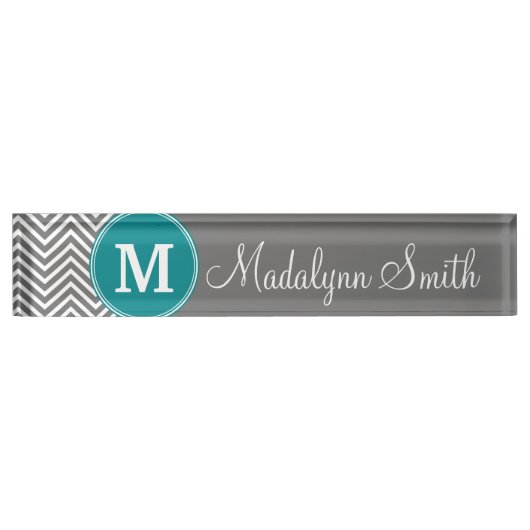 Turquoise en Charcoal Chevrons Custom Monogram Naambordje (Voorkant)