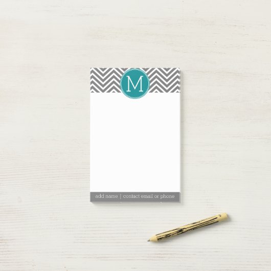 Turquoise en Charcoal Chevrons Custom Monogram Post-it® Notes (Op bureau)
