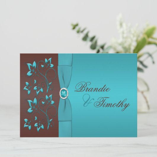Turquoise en Chocolate Floral Wedding Invitation Kaart (Staand voorkant)