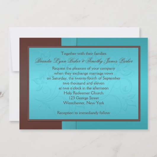 Turquoise en Chocolate Floral Wedding Invitation Kaart (Achterkant)