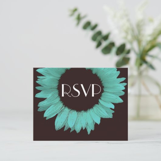 Turquoise en Chocolate Sunflower Wedding RSVP (Staand voorkant)