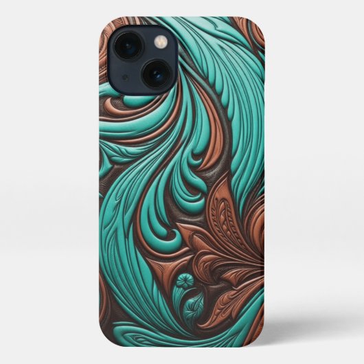 Turquoise en Chocolate Tooled Westerne Patronen iPhone Hoesje (Achterkant)