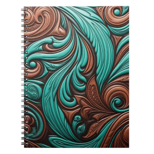 Turquoise en Chocolate Tooled Westerne Patronen Notitieboek (Voorkant)