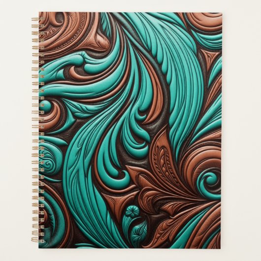 Turquoise en Chocolate Tooled Westerne Patronen Planner (Voorkant)
