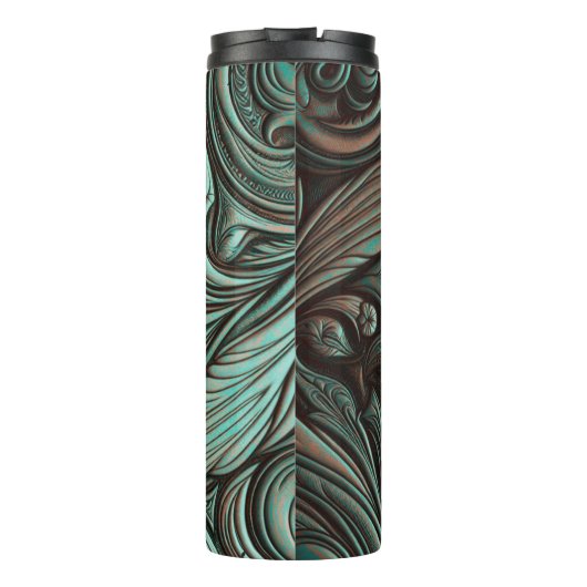 Turquoise en Chocolate Tooled Westerne Patronen Thermosbeker (Achterkant)