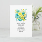 Turquoise en citroenkleurige bloemen bruiloft kaart (Staand voorkant)