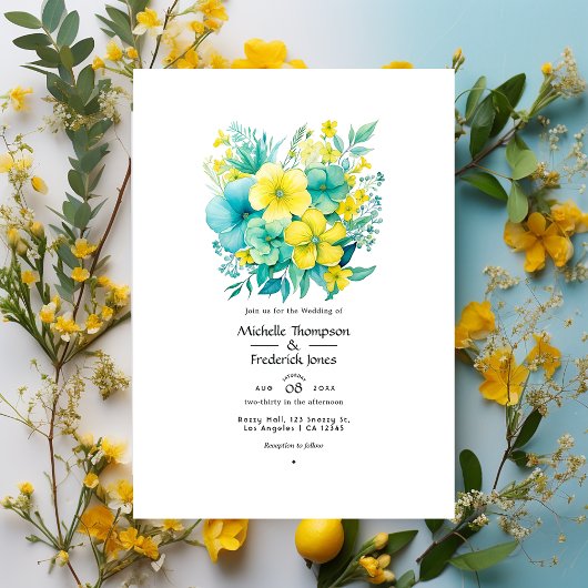 Turquoise en citroenkleurige bloemen bruiloft kaart