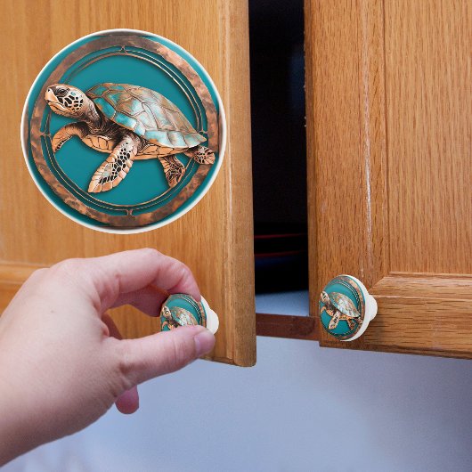 Turquoise en Copper Framed Zee Schildpad Keramische Knop