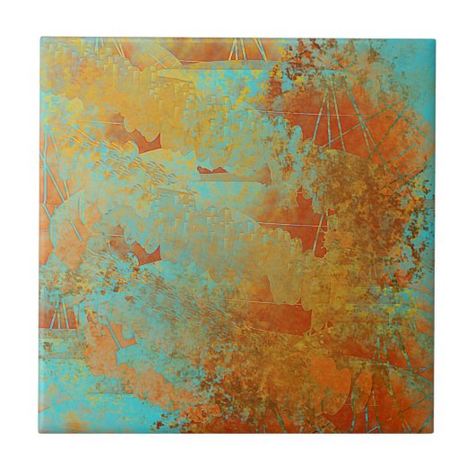 Turquoise en Copper-Red Abstract Tegeltje (Voorkant)