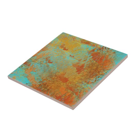 Turquoise en Copper-Red Abstract Tegeltje (Zijkant)